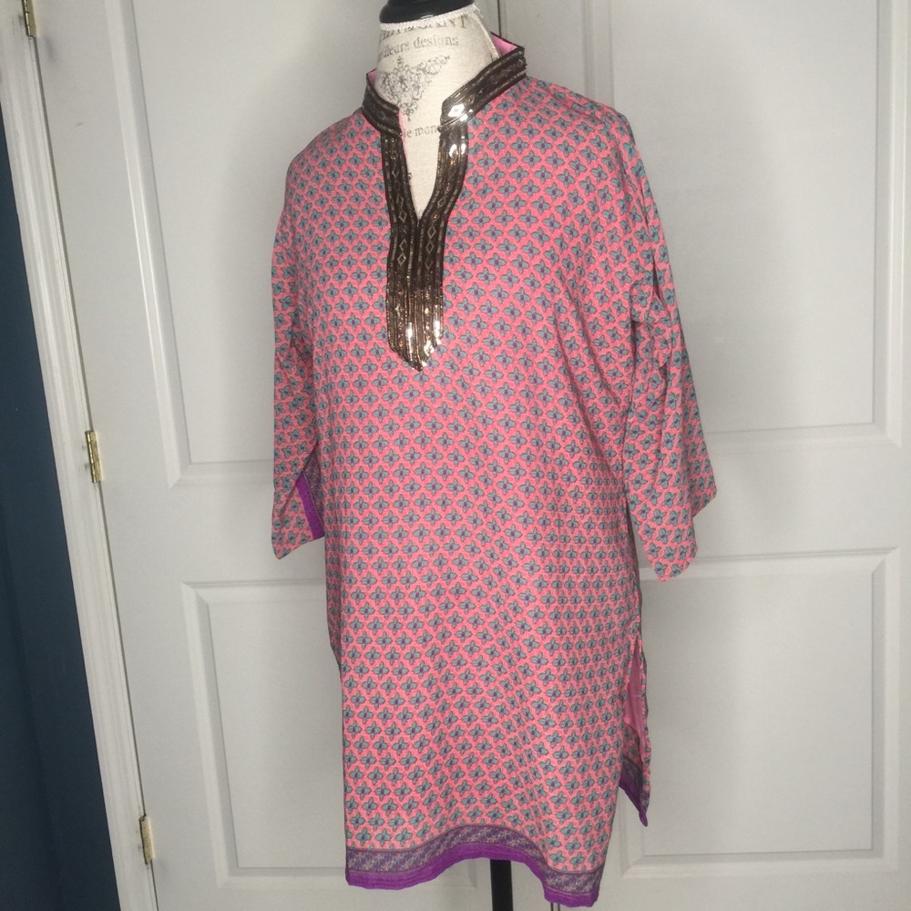 Vintage M L Shift Dress V- Neck Short 3/4 Sleeve Caftan Pink w/ Lining